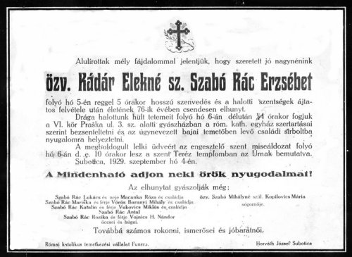 Posmrtnica iz 1929. godine, štampa: tadašnji Funero, „Rimokatoličko pogrebno preduzeće“.